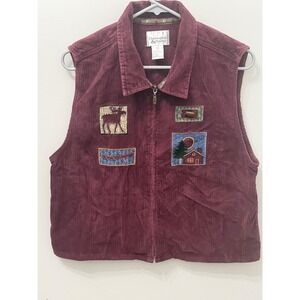 Christopher & Banks Large Vintage Corduroy Vest Maroon Embroidered Cabin Moose